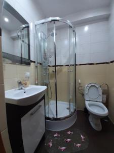 La salle de bains est pourvue d'une douche, d'un lavabo et de toilettes. dans l'établissement APARTAMENT CIEŃ GIEWONTU, à Zakopane
