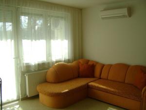 シオーフォクにあるPamela apartman Siófokの窓付きのリビングルーム(オレンジ色のソファ付)
