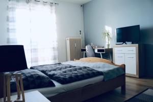 a bedroom with a bed and a desk and a television at Levendula Apartman Pécs in Pécs