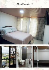 2 fotos de un dormitorio con cama y baño en Sueños Vividos Hospedaje, en Sogamoso