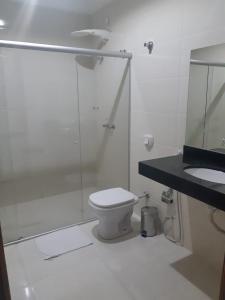 a white bathroom with a toilet and a sink at Tradicional Plaza Hotel in Nerópolis