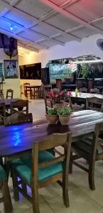 a wooden table with two plants on top of it at La famosa costillas a la leña in Jarabacoa
