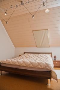 a bed in a room with a sloped ceiling at Alt Baden Apartement in Dunaszekcső