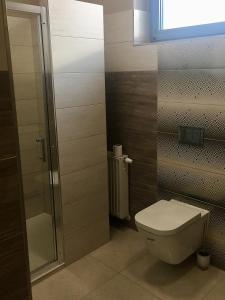 a small bathroom with a toilet and a shower at 3Rooms in Kraków