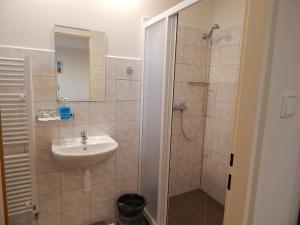 a bathroom with a sink and a shower at Penzion U Kašných in Mníšek pod Brdy