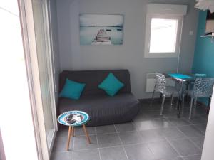 sala de estar con sofá y mesa en T2 Tarnos avec piscine en Labenne