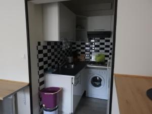 a small kitchen with a sink and a washing machine at Studio très confortable in Limoges