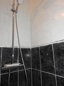 prysznic z czarnymi ścianami wyłożonymi kafelkami i głowicą prysznicową w obiekcie Studio très confortable w mieście Limoges