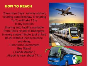 a flyer with a bus and a train and an airplane at Hostel Relax Homestay in Gaya +14 photos