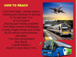 a flyer with a bus and a train and an airplane at Hostel Relax Homestay in Gaya