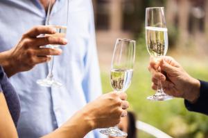 a group of people holding up wine glasses at ODELYA - Stadthotel im Park in Basel