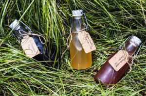 two bottles of oil sitting in the grass at ODELYA - Stadthotel im Park in Basel