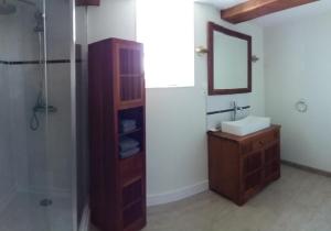 ein Badezimmer mit Waschbecken, Spiegel und Dusche in der Unterkunft Les Cottages du Château du Rozel in Le Rozel + 54 Fotos