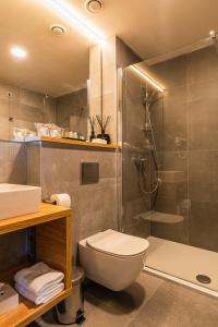 a bathroom with a shower and a toilet and a sink at Hotel Olea in Novalja