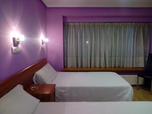 a purple room with two beds and a window at Hostal Álvarez in Oviedo