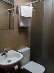 W łazience znajduje się toaleta, umywalka i prysznic. w obiekcie Hostal Álvarez w mieście Oviedo