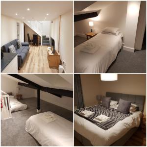 a collage of four pictures of a hotel room at Wensum Lodge Hotel in Fakenham