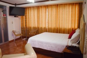 利馬的住宿－Hotel Wayra，一间卧室配有一张床、一台电视和一把椅子
