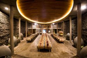 a wine tasting room with a long table and wine barrels at La Casona At Matetic Vineyards in Lagunillas
