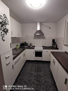 a kitchen with white cabinets and a white refrigerator at Ferienwohnung Mayer in Kirchheim am Ries