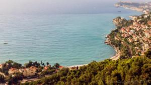 an aerial view of a beach and the ocean at Diodato Suite Apartment - Amazing Location, WiFi, Pool, Sauna, Gym & Private Garden in Roquebrune-Cap-Martin +3 photos