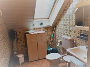 a bathroom with a toilet and a sink and a window at Das besondere Quartier in Berlin - Pankow in Berlin