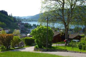 une vue sur une ville avec un lac en arrière-plan dans l'établissement Entre lac et pistes, à Gérardmer