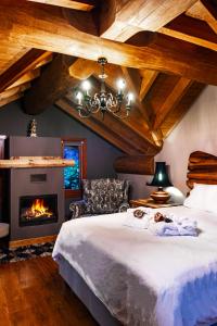 ein Schlafzimmer mit einem Bett und einem Kamin in der Unterkunft Mythica Chalet in Karpenisi