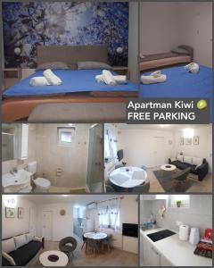 un collage de tres fotos de una habitación en Apartman KIWI in a quite central area, en Banja Luka