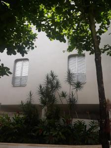 zwei Fenster auf der Seite eines Gebäudes mit Pflanzen in der Unterkunft Apartamento na Praia in Guarujá