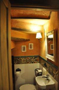 W łazience znajduje się umywalka, toaleta i lustro. w obiekcie Casa rural La Piedrapipa w mieście Madrigal de la Vera