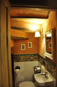 a bathroom with a sink and a toilet and a mirror at Casa rural La Piedrapipa in Madrigal de la Vera +8 photos