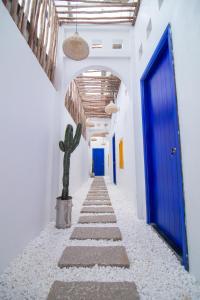 a hallway with a blue door and a cactus at Hacoda Homestay in Con Dao