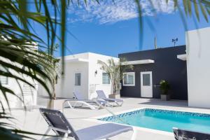 un patio con sillas y una piscina en The Palm Leaf Apartments en Noord