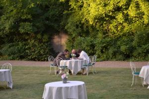 Un groupe de personnes assises à des tables dans l'herbe dans l'établissement Château De Pray, à Amboise