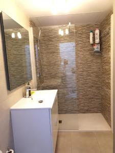 ein Badezimmer mit Dusche, Waschbecken und Spiegel in der Unterkunft GARDEN 128 in Corralejo