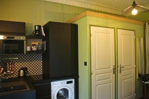 a kitchen with a washing machine next to a door at Le 110, un grand studio 2 étoiles, pour tout faire à pied in Aix-les-Bains