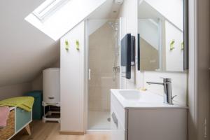a bathroom with a sink and a shower at Le chant des Mésanges in Boves