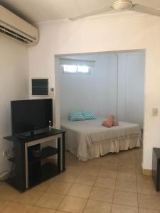 a room with a bed and a tv and a table at Alojamiento Alelí in Posadas