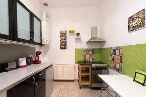 uma cozinha com paredes verdes e brancas em Belvedere Central Apartment em Viena