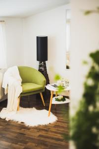 een woonkamer met een groene stoel en een tafel bij Apartments Dijana in Zagreb