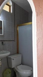 La salle de bains est pourvue de toilettes et d'un lavabo. dans l'établissement Hotel Posada San Rafael, à Barra de Navidad