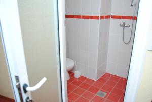 Łazienka z prysznicem, toaletą i czerwonymi kafelkami w obiekcie Villa Bastion w mieście Bitola