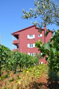 a red building in the middle of a vineyard at Apartments Roža in Medulin