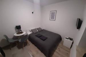 een slaapkamer met een bed en een kleine tafel en stoel bij Studio Fibra Choco in Rybnik