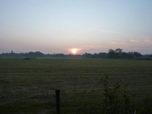 a field with the sun setting in the horizon at Eureka Vakantiehuisjes in Schoorl