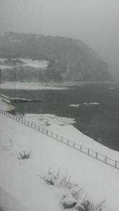 a snow covered road next to a body of water at Nice View Guesthouse in Seogwipo