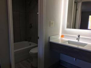 a bathroom with a sink and a toilet and a mirror at Days Inn & Suites by Wyndham Charleston Airport West in Charleston