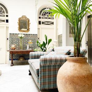 un salon avec un canapé et une plante en pot dans l'établissement Hotel Boutique Casa de Colón, à Séville