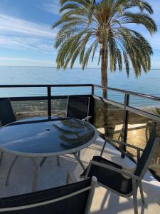 a table and chairs on a balcony with a palm tree at Skol Apartments Marbella in Marbella